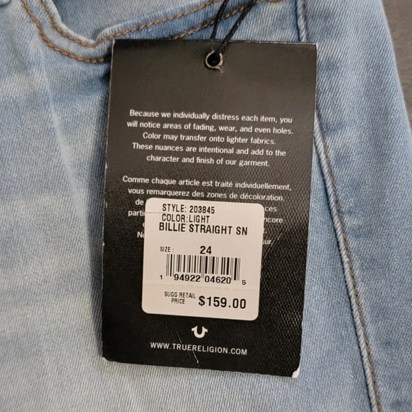 True Religion Women's Billie Mid Rise Straight Leg Jean, Light Wash, Size 24 - Picture 6 of 13